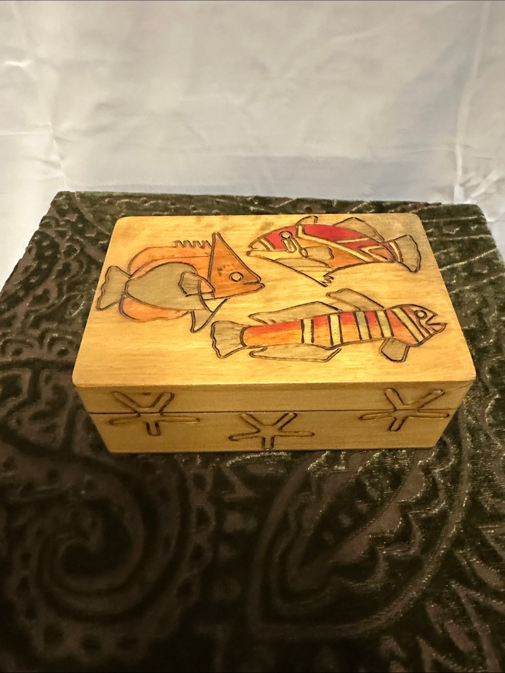 Handcrafted Fish Motif Wooden Box - Natural Brown and Orange